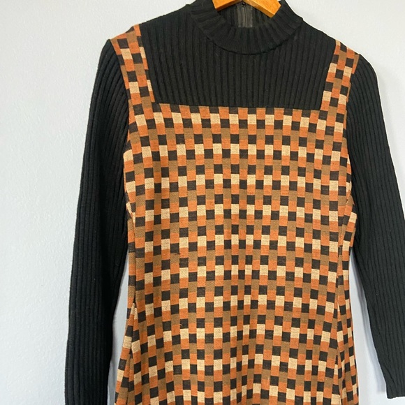Vintage 70s Jay Kobrin Brown & Black Checkered Mock Neck Long Sleeve Dress 10 - Picture 5 of 10